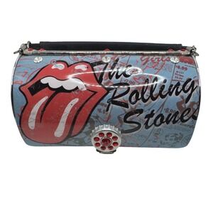 The Rolling Stones Rock N Roll Barrel Bag Blue Newsprint Rhinestone Purse